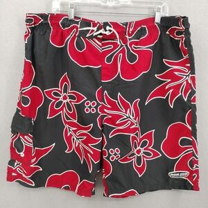Ron Jon Surf Shop Men's L Swim Trunks Shorts Black Red Floral Print Hawaiian